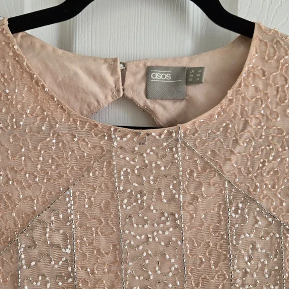 ASOS blush Nude Pink Silver Fringe Beaded Open Back Cocktail Party Mini Dress - Picture 11 of 11